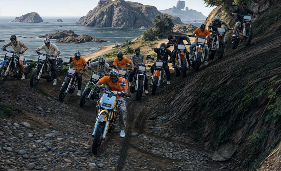 Sahil yolunda motosikletleriyle bir araya gelen oyuncular