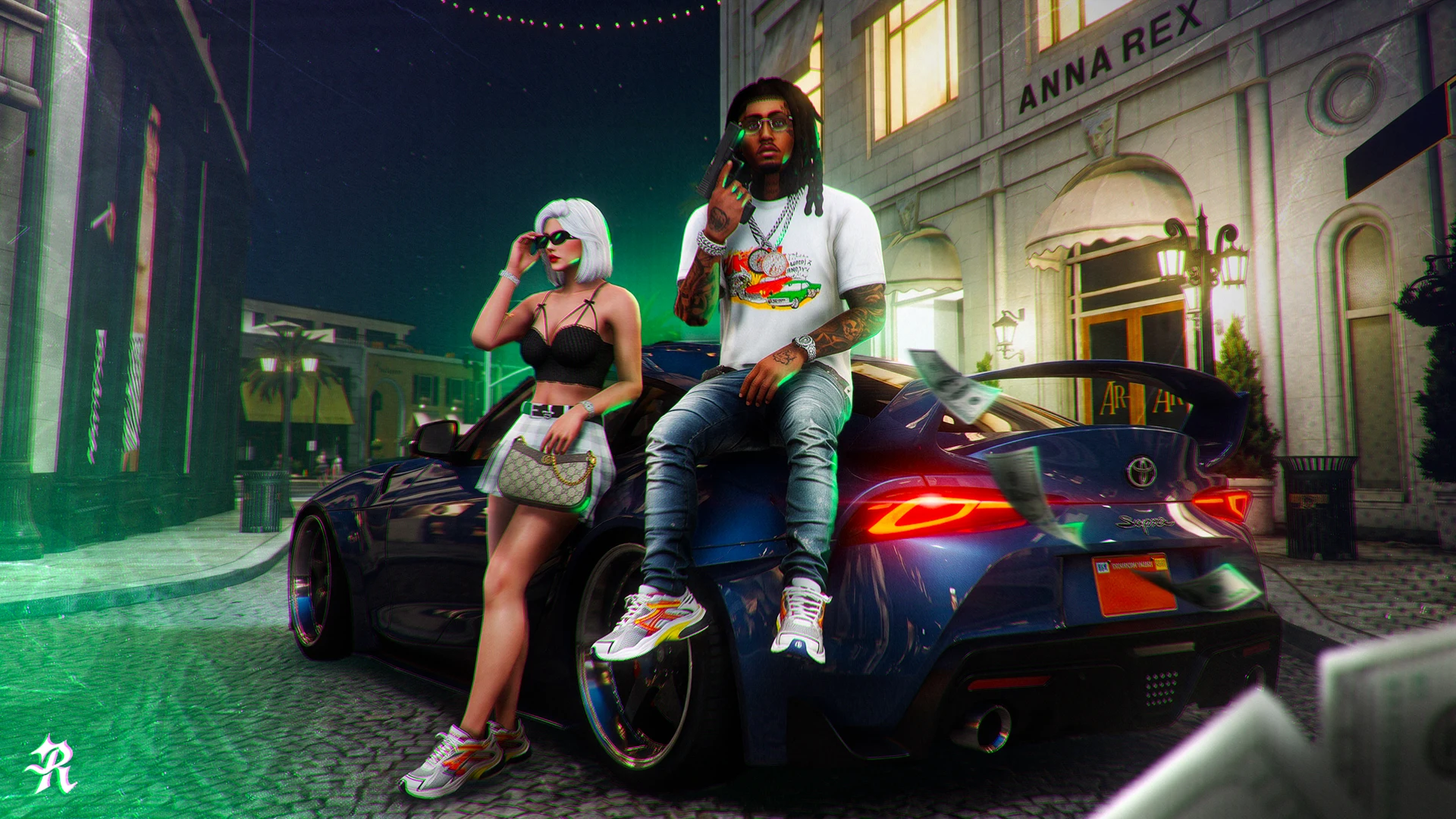 Los Santos gecesinde spor otomobilin yanında iki karakter